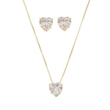 Imagem de Conjunto colar e brinco lelê coração zircônia folheado a ouro 18k - PI