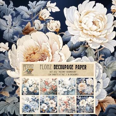 Imagem de Pacote de papel de decoupage (24 folhas 15 x 15 cm) grandiosidade de peônia: marfim delicado e flores de peônia azul suave com detalhes intrincados para criações artesanais elegantes e vintage # FLONZ