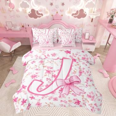 Imagem de Feelyou Jogo de cama solteiro com laço rosa fofo, 7 peças, para meninas, edredom com laço coquete, lençol com lençol para meninas, personalizado, letra J, em uma bolsa
