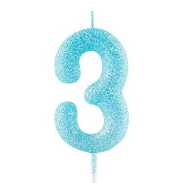 Imagem de Vela de 3º aniversário com glitter azul número 3 velas luminosas para bolo decorações de feliz aniversário para meninas, meninos, mulheres, comemorações, artigos de festa