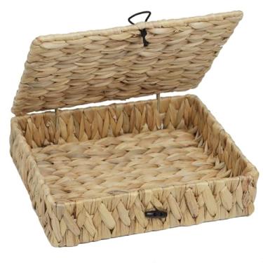 Imagem de Cesta de vime plana com tampa, cestas de armazenamento de jacinto de água natural para organização, cesta organizadora retangular de tecido, caixas decorativas com tampas (28 x 23 x 7 cm)