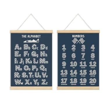 Imagem de ULEGIE Pôster de parede de decoração de quarto de carro de corrida alfabeto para meninos, pôsteres educativos para pré-escolares, impressões de arte para sala de jogos infantis, pôster de carro de