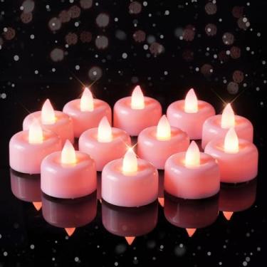 Imagem de Amagic Pacote com 24 velas de chá de LED sem chama rosa operadas a pilha, velas elétricas falsas para votivo, casamento, mesa central, festa temática, aniversário, casamento, base rosa