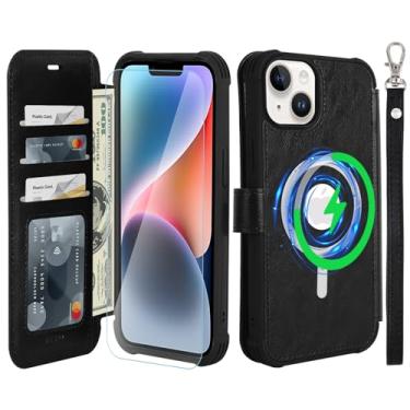 Imagem de VANAVAGY Capa carteira compatível com iPhone 14 Plus/15 Plus para Magsafe, capa flip de couro PU RFID com suporte de pulso carregamento sem fio com suporte de cartão protetor de tela de vidro, preta