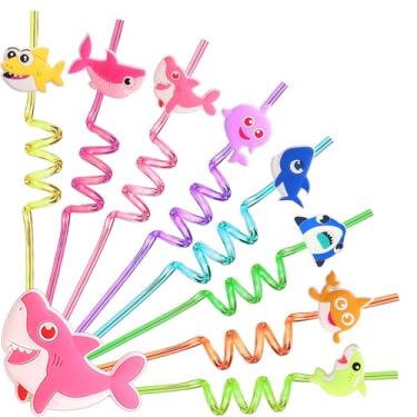 Imagem de AFZMON Canudos de lembrancinhas de festa de tubarão, 24 canudos de plástico submarinos a granel para crianças pequenas decorações de festa de aniversário suprimentos de sacolas de doces