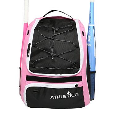 Imagem de Athletico Bolsa para taco de softbol – Mochila para softbol, beisebol, equipamentos e equipamentos de bola T para crianças, jovens e adultos | Comporta morcego, capacete, luva e sapatos | Compartimento separado para sapato e gancho de cerca (rosa)