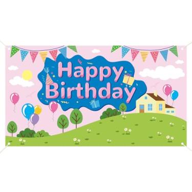 Imagem de Faixa de Feliz Aniversário com Porco, Decoração Festa com Tema Desenho Animado Fofo 180x100cm Adereços para Fotos e Chá Bebé Artigos para Festas de Aniversário Infantil
