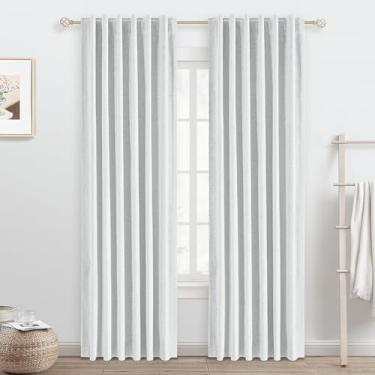 Imagem de Cortinas blecaute de linho branco estático, 203 cm de comprimento, conjunto de 2 painéis para escurecimento do quarto, cortinas com aba traseira com isolamento térmico 100% preto, bloqueio de