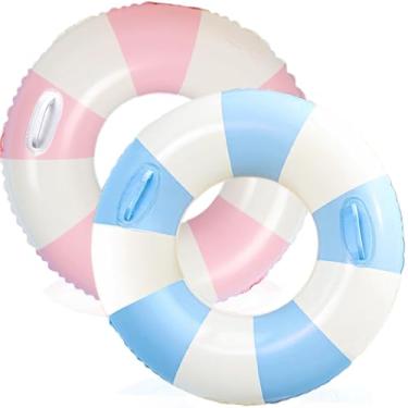 Imagem de Boias infláveis de piscina de 76 cm para adultos - pacote com 2 boias azuis e rosa listradas, tubos de piscina com alças, boia inflável para piscina, festa, lago e praia, adultos (azul e rosa, 90)