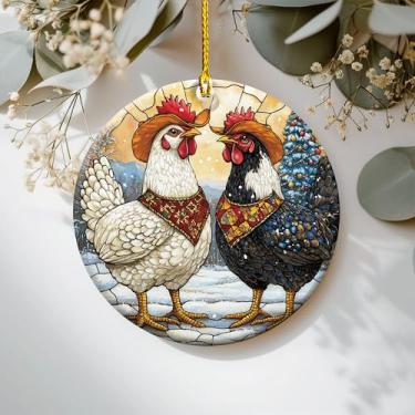 Imagem de Enfeite de Natal de galinha – estilo cena de fazenda de inverno – Decoração de Natal redonda de cerâmica para casa de campo, decoração de fazenda e amantes de aves (HC-71)