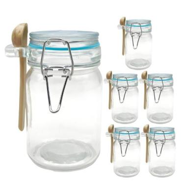 Imagem de Kit 6 Pote Hermético De Vidro Com Trava e Colher de Bambu Redondo 280m