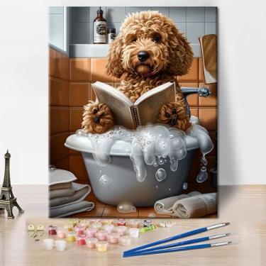 Imagem de TUMOVO Kits de pintura por números para adultos, pintura de cachorro com rabiscos dourados por números, pintura de cachorro na banheira por números para adultos, cor por número, decoração de parede de