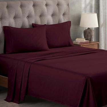 Imagem de Superior Jogo de lençol de cama de algodão egípcio 400 fios, 1 lençol elástico com bolso profundo, 1 lençol de cima, 2 fronhas, lençóis de luxo, tecido de cetim, tamanho king californiano, ameixa