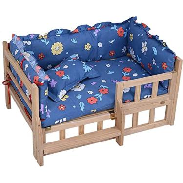 Imagem de Cama de madeira para cães, cama elevada para animais de estimação, sofá-cama, sofá cama evitado para animais de estimação com cercas e escadas, almofada de algodão floral azul para cães, gatos, gatos