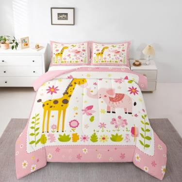 Imagem de Feelyou Conjunto de edredom com estampa de animais selvagens, zoológico, rosa, solteiro, para crianças, meninos, meninas, elefante, girafa, edredom para decoração de quarto, microfibra, 2 peças com 1