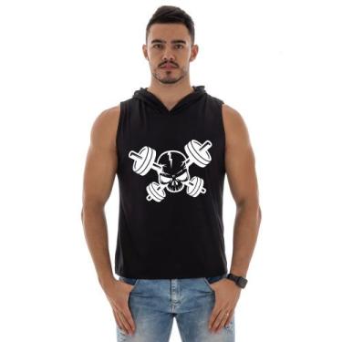 Imagem de Regata Masculina Com Capuz Para Academia Estampada Caveira Halteres - 