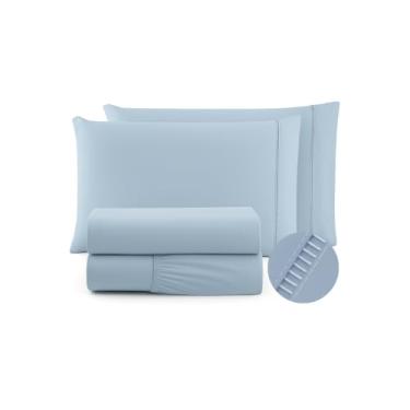 Imagem de Jogo De Lencol QUEEN 4 Pecas 600 Fios Egípcios Cama Box - Lençol de Cima Ponto Palito - Toque extra Macio - Lençol de Hotel (AZUL, QUEEN 4 PEÇAS)