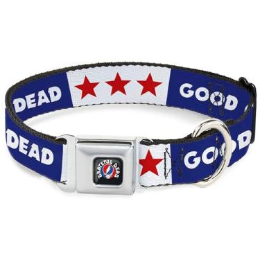 Imagem de Coleira para animais de estimação Grateful Dead, fivela de cinto de segurança de metal, Good Ol Grateful Dead Text e estrelas azul branco vermelho, 24 a 33 cm de largura