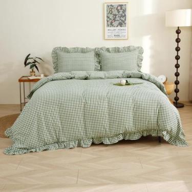 Imagem de Conjunto de capa de edredom Silnuo Sage Verde/Branco Xadrez Queen Size