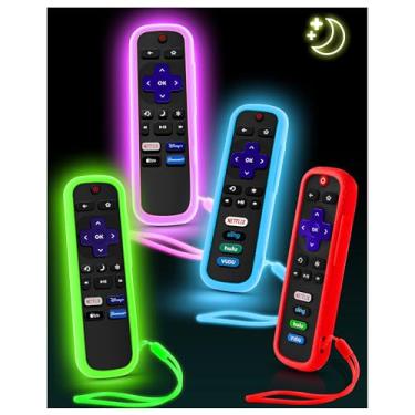 Imagem de Pacote com 4 capas para controle remoto Roku Roku, capa para controle remoto Hisense/TCL Roku | Controle de substituição universal | Capa de silicone | Brilha no escuro | Cordão que brilha | Verde