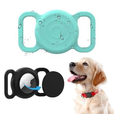 Imagem de Suporte de coleira de cachorro AirTag, à prova d'água para Apple Air Tag, pacote com 2, capa de silicone para coleira de cachorro (preto e azul-petróleo)