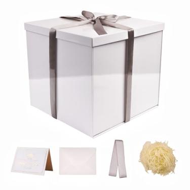 Imagem de UoeRing 1 caixa de presente preta grande de 30 x 30 x 28 cm com identificação em L e cartões de felicitações, enchimento de papel desfiado de Natal, aniversário, show de bebê (branco brilhante)