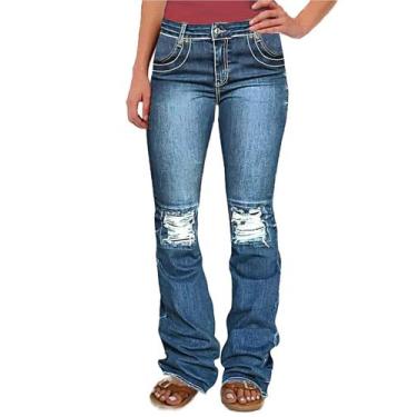 Imagem de Calça jeans Flamingals, cintura baixa, elástica, rasgada, azul escuro 