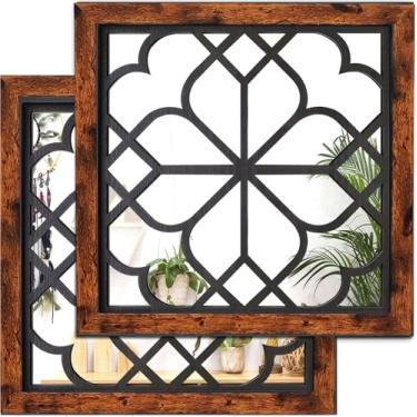 Imagem de Flscnoe Espelhos de parede quadrados de madeira decorativos para parede casa de fazenda sala de estar corredor entrada, 2 peças, 30 x 30 cm