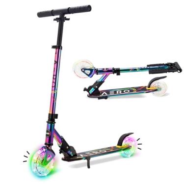 Imagem de Patinete Aero para crianças de 6 a 12 anos, meninos e meninas, patinete de 2 rodas com luzes de LED, acabamento cromado metálico, dobrável e com altura ajustável