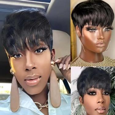 Imagem de WOCWIG Peruca sintética preta com corte Pixie para mulheres, penteados curtos, perucas curtas Pixie para mulheres negras