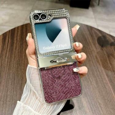 Imagem de Capa com suporte de anel de dedo com diamante brilhante para Samsung Galaxy Z Flip 6 Flip5, capa de couro de luxo com dobradiça, roxa, para Samsung Z Flip 5