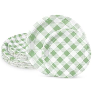 Imagem de LIKAJON 50 peças de pratos de papel xadrez verde sálvia e branco, 25 peças de 23 cm e 25 peças de pratos de sobremesa descartáveis de 17 cm para dia dos namorados, chá de bebê, aniversário, formatura