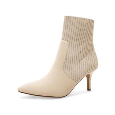 Imagem de Coutgo Botas femininas de cano curto, salto agulha gatinho de malha, camurça sintética, meia de inverno, Camurça bege, 39