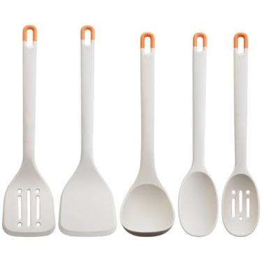 Imagem de Conjunto de utensílios de cozinha de silicone cinza, 5 peças, conjunto de utensílios de cozinha de alta resistência ao calor, seguro para panelas antiaderentes, sem BPA, design ergonômico para