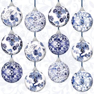 Imagem de Poen 12 peças de enfeites de Natal chinoiserie 6 cm enfeites de bola branca azul com fita Poam Porcelana Chinoiserie Decorações de Natal para árvore de Natal, decoração de festa em casa, não porcelana