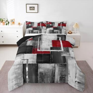 Imagem de Feelyou Conjunto de cama geométrico abstrato vermelho e cinza, macio para meninos e meninas, conjunto de edredom Queen, geométrico, microfibra abstrata, decoração de quarto, 3 peças com 2 fronhas