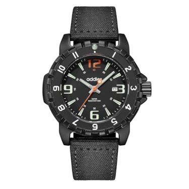 Imagem de addies Relógio militar masculino com pulseira de tecido resistente à água 50 m, movimento de quartzo luminoso, caixa de aço inoxidável, relógios legais masculinos para uso diário/externo, Preto