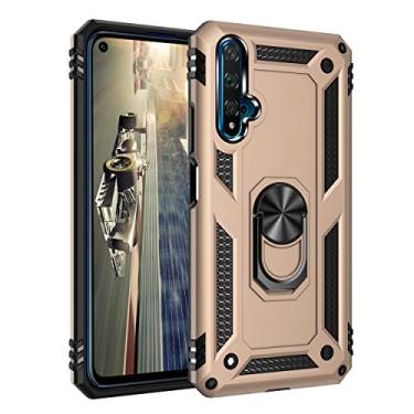 Imagem de SORAKA Capa para Huawei Nova 5T com suporte de anel capa armadura Huawei Nova 5T capa traseira de policarbonato rígido com placa de metal para telefone magnético suporte de carro dourado
