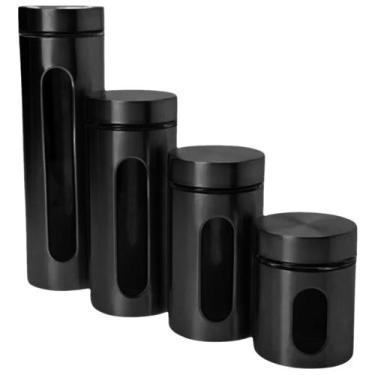 Imagem de Conjunto de Potes para Cozinha Herméticos 4 Peças em Inox Preto e Vidr