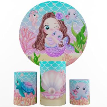 Imagem de Kit Decoração Festa, Painel Sereia Baby + Trio Capas De Cilindros (Color 02)