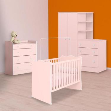 Imagem de Berço, Cômoda Trocador e Guarda Roupa C/ Cômoda Rosa - Qmovi