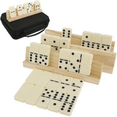 Imagem de ZFLYCANP Conjunto de dominó para adultos, conjunto de jogos de dominó, dominó profissional duplo, 4 suportes de madeira, conjunto de jogos de dominó engraçados com 28 dominós coloridos e estojo de EVA