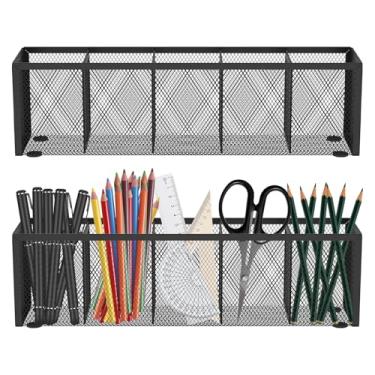Imagem de KHZSPP Pacote com 2 porta-lápis, 5 compartimentos, organizadores de mesa de malha de metal para caneta, copo organizador de lápis para casa, escritório, bancada escolar, armazenamento de acessórios de