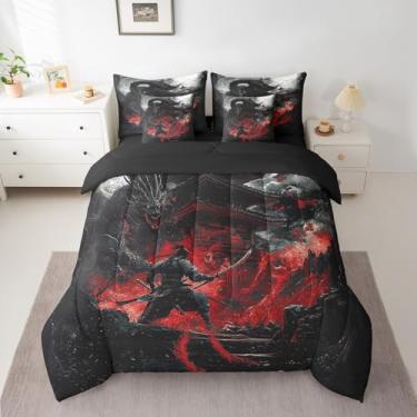 Imagem de Feelyou Jogo de cama solteiro com estampa de dragão, estilo japonês, para meninos e meninas, adolescentes, samurai, 7 peças, decoração de quarto, preto e vermelho