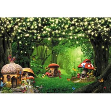 Imagem de Laeacco 1,5 x 0,9 m Encantado Floresta País das Maravilhas Conto de Fadas Casa de Cogumelo Mágica Primavera Verde Fundo Fotográfico para Meninas Aniversário Chá de Bebê Decoração de Festa Retrato