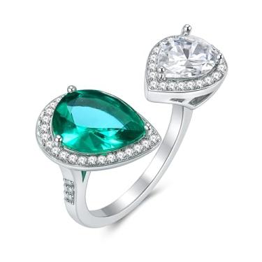 Imagem de Uloveido Anel de gota aberta Toi et Moi – Zircônia cúbica ajustável de duas pedras, verde e branco, joias de mãe e filha, irmã ou casal, casamento de noivado, Adjustable, Cristal, Zircônia cúbica