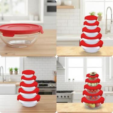 Imagem de Conjunto 5 Potes De Vidro Hermeticos Com Tampa Marmita Fitness Utensíl