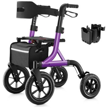 Imagem de Andador Dobrável para Idosos com Assento, Ajuste de Altura e Rodas Grandes, MAXWALK, Roxo