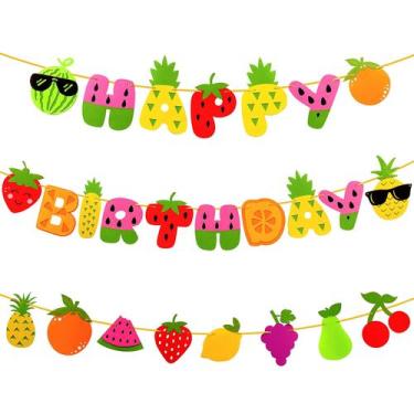 Imagem de Decorações de festa, feliz aniversário, banner de feltro, tema de frut