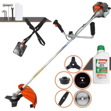 Imagem de Roçadeira Robusta Vulcan VR330P À Gasolina 1,2HP 33cc Com Carretel, Faca 2 Pontas, Faca 3 Pontas, Faca 40 Dentes Vídea, Faca 80 Dentes + ÓLEO STIHL 2T